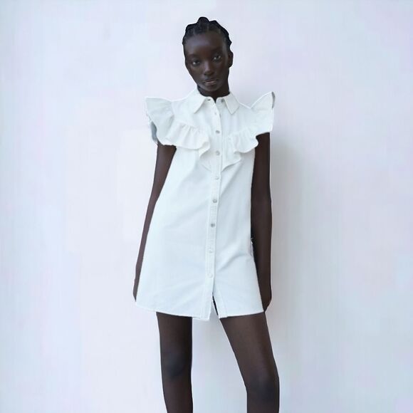 ZARA Denim Prairie Sleeveless Flounced Button Front Shirt Dress M Oyster White - Picture 2 of 10